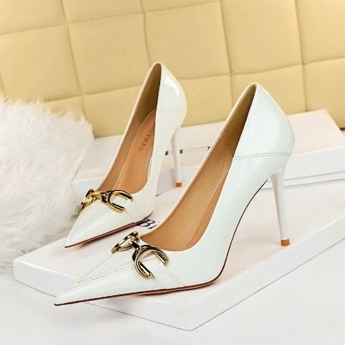 Women's Party High Heels Patent Leather Pointed Toe Pumps with Metal Buckle Decor Slim Stiletto Dress Shoes for Women