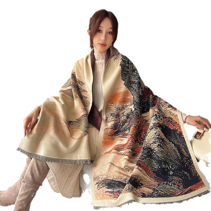 Imitation Cashmere Scarf for Women In Autumn and Winter Chinese Painting Exquisite Fashion Scarf Versatile Warm and High End Tassel Shawl