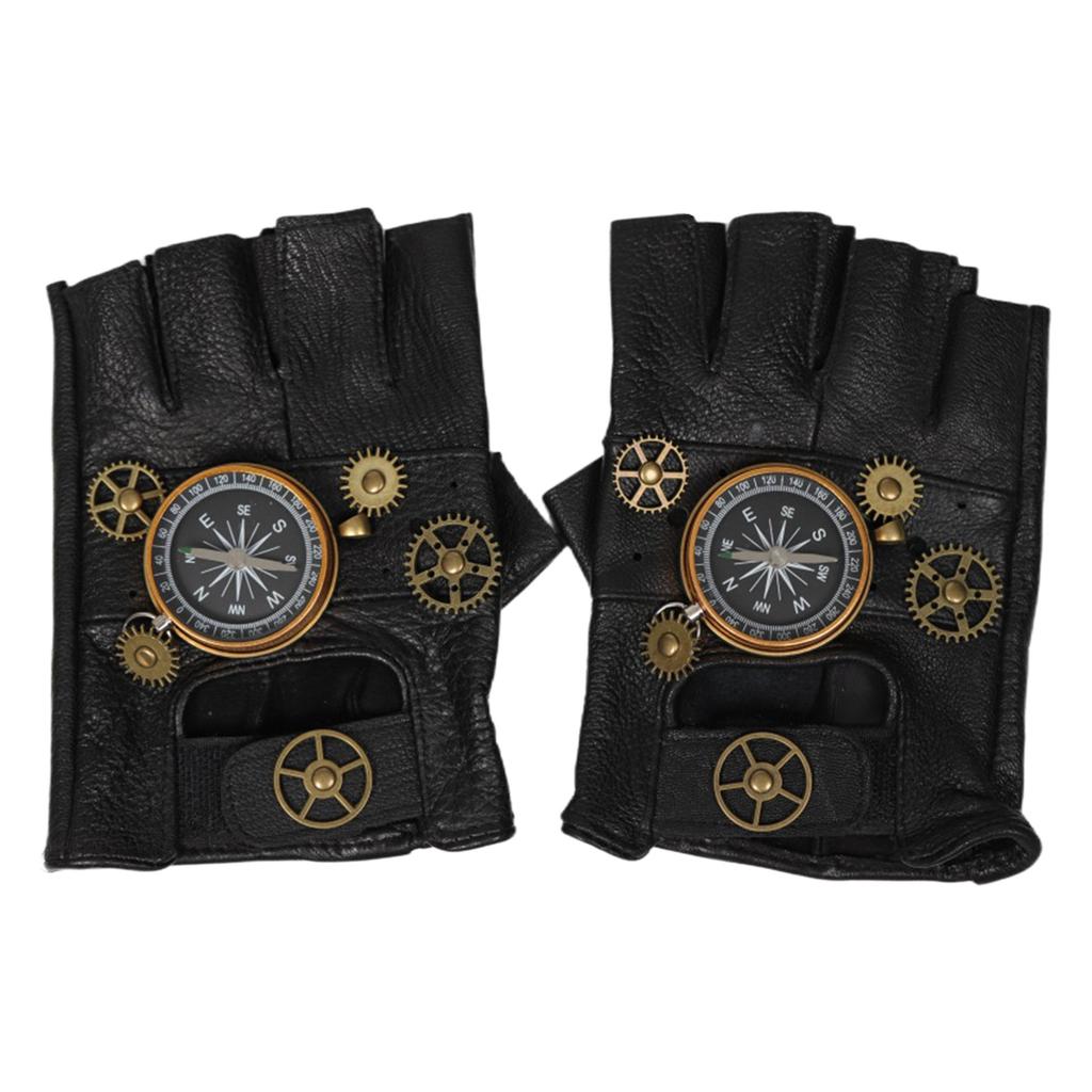 Steampunk Half Finger Leather Gloves with Gear Decor and Compass Design Retro Mechanical Style for Cosplay Riding