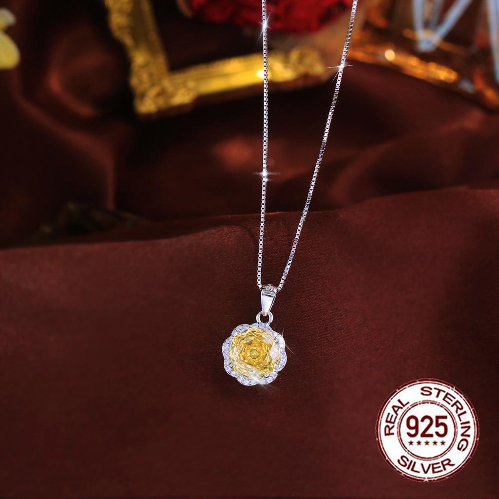 925 Sterling Silver Rose Flower Cut Pendant Necklace with Rhodium Plating Yellow Purple Pink CZ for Women's Romantic Party Wear