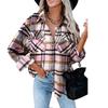 Women's  Fall Winter Plaid Wool Blend Shirt Jacket, Long Sleeve Loose Button Down Coat With Pocket, European American Style Casual Outerwear