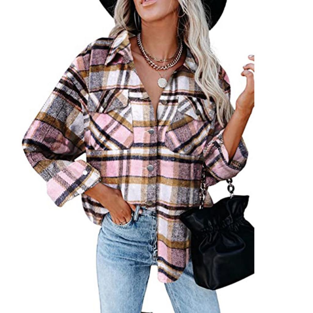 Women's Fall Winter Plaid Wool Blend Shirt Jacket, Long Sleeve Loose Button Down Coat With Pocket, European American Style Casual Outerwear