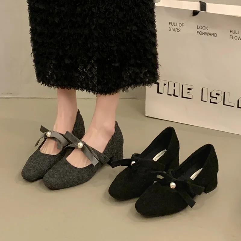 Women's Comfortable Fleece Lined Chunky Heel Single Shoes Fashionable Warm Winter Mary Janes Evening Shoes Rubber Sole Retro Sty