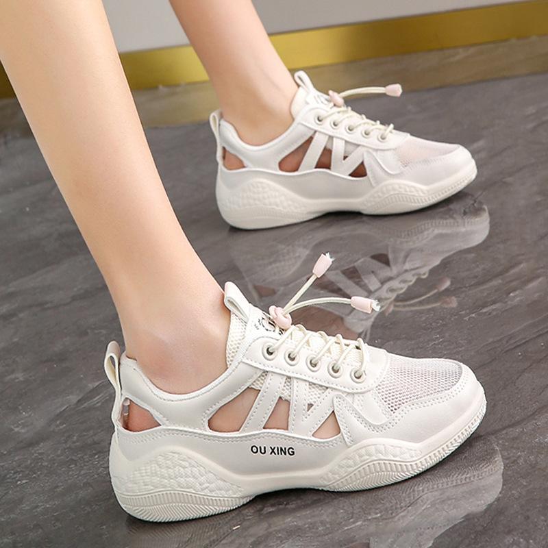 Women's shoes 2025 new summer breathable mesh hollow thin little white shoes one pedal light sports sandals explosion