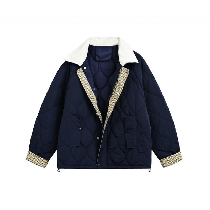 Unisex Retro College Style Quilted Cotton Puffer Jacket With Turn-Down Collar Thick Warm Winter Short Coat Teens Adults