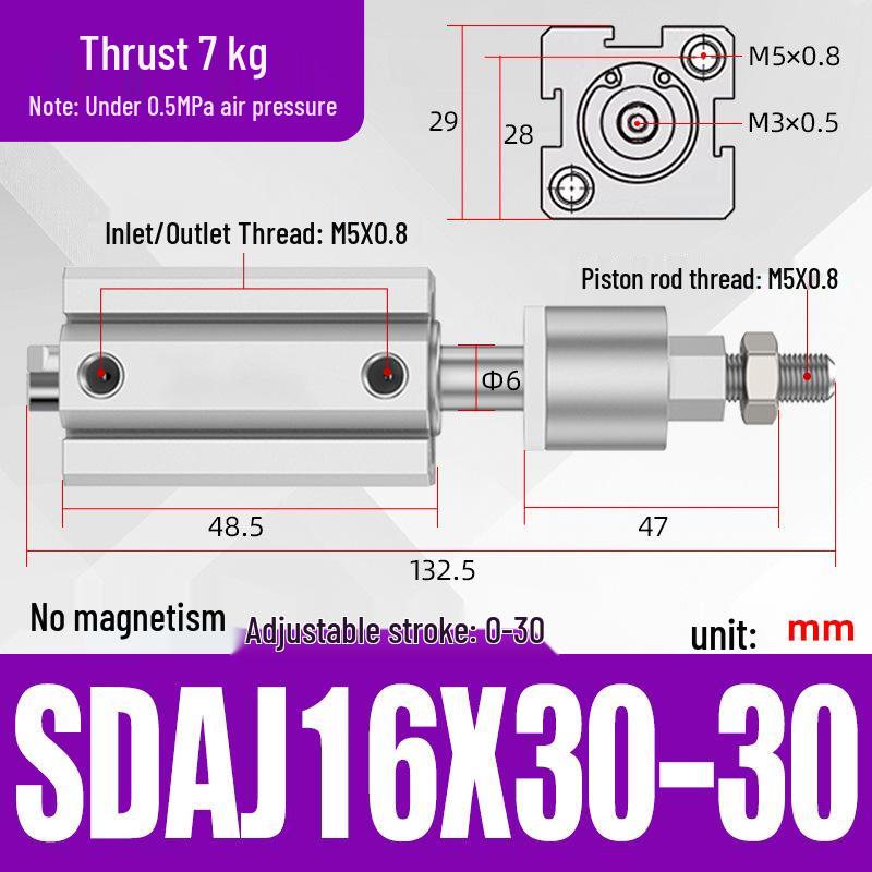 Adjustable Stroke Pneumatic Thin Cylinder - Piston Rod Sizes: 16/20/25/32/40/63