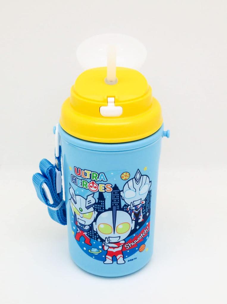 OSK Water Bottle Ultra Heroes Water Bottle with Straw 450ml Made in Japan Comes with Shoulder Strap Cool Lock One Touch Open Stylish Cool Unisex