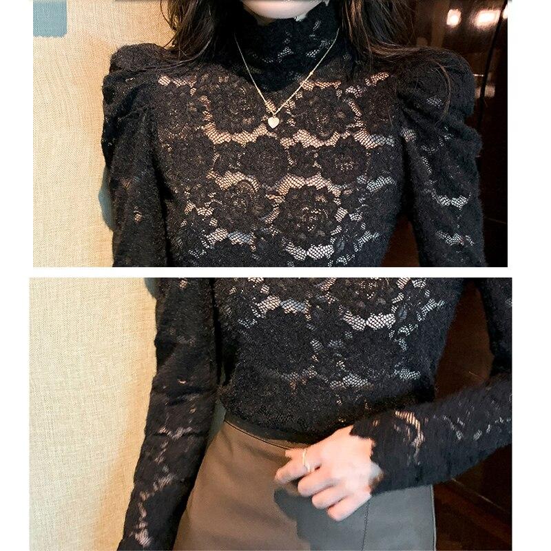 2023 outono gola rendas crochê blusa feminina elegante puff manga longa inferior topos mujer oco branco senhoras camisas 29175