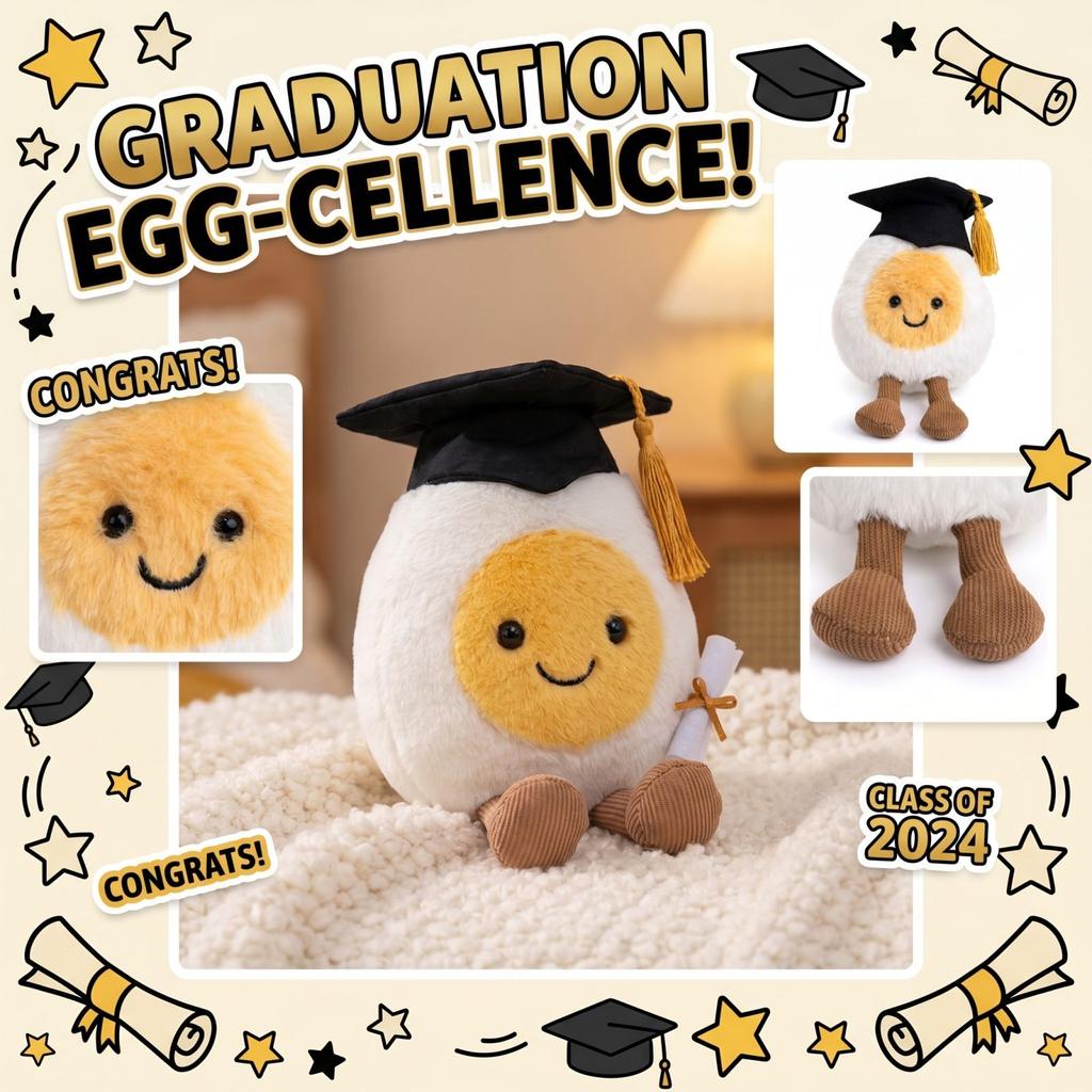 Plush Stuffed Toy Doll with Graduation Cap Soft Egg Shaped Figure with Smiling Face and Dangling Legs for Gifts Decoration