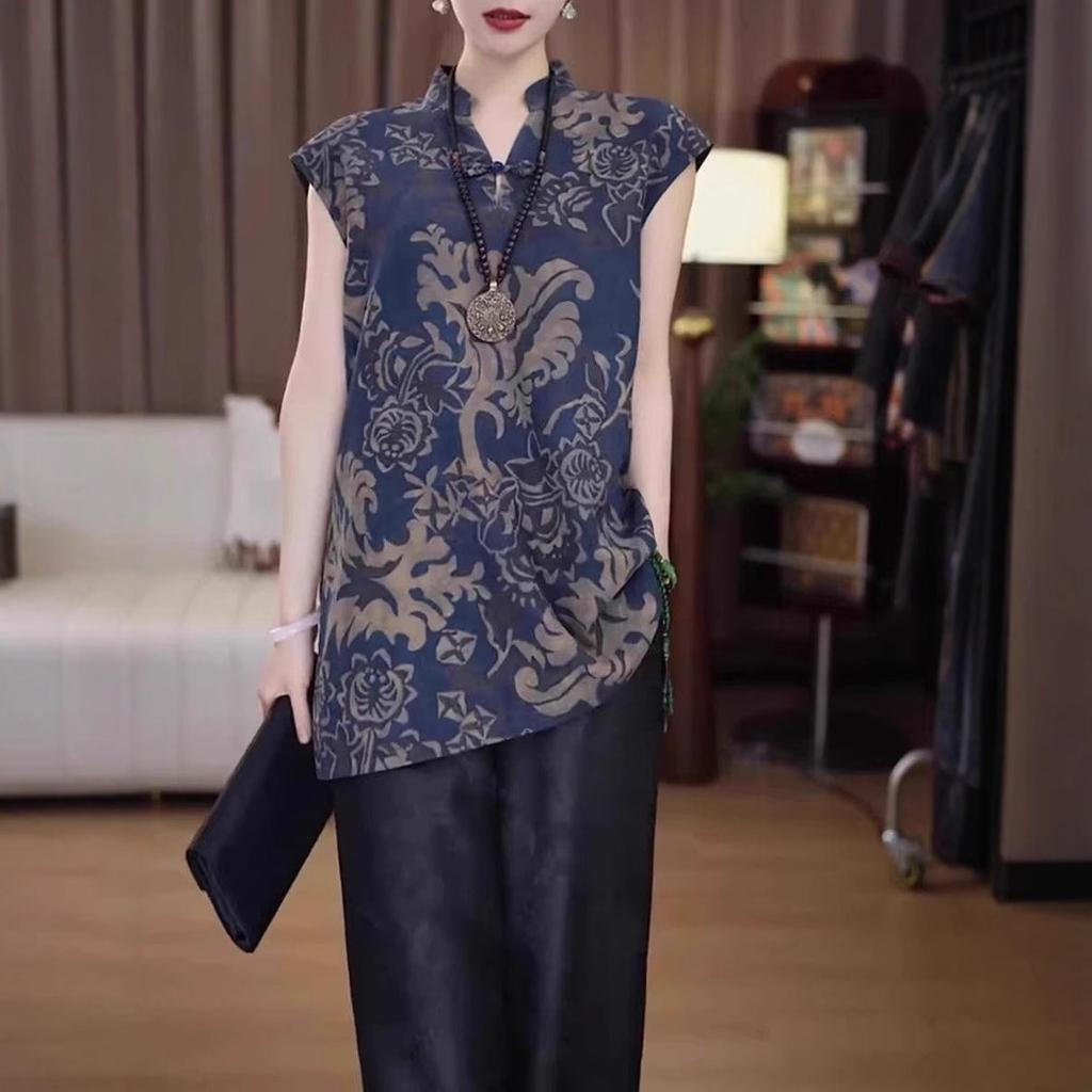 Top Women's Outer Short Sleeve Shirt Women's Summer Mom Printed Improved Cheongsam
