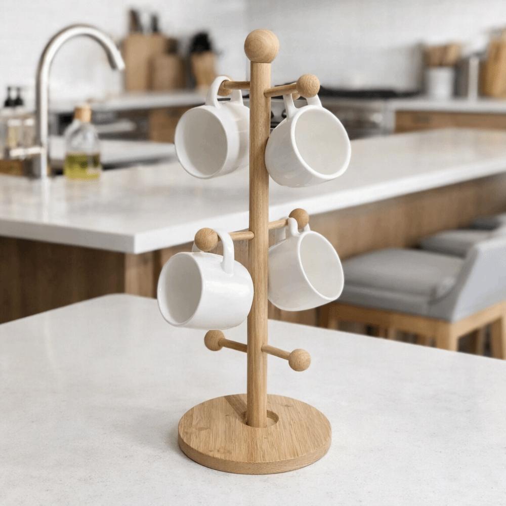 Kitchen Organizer Wooden Cup Storage Holder 6 Hooks Design Tree Shape Tea Cups Drainer Non-Slip Base Sturdy Mug Holder Kitchen