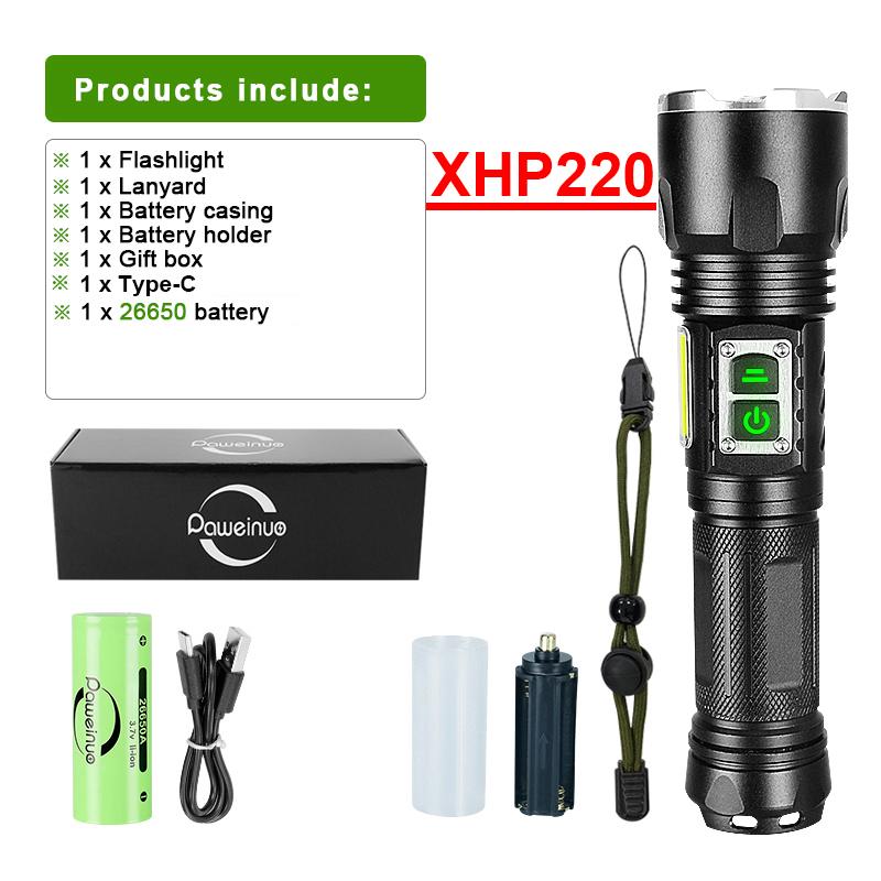 

Новейший XHP220 светодиодный фонарик высокой мощности, светодиодный фонарик, перезаряжаемый мощный фонарик, фонарик для кемпинга, ручная лампа with 26650,box чёрный