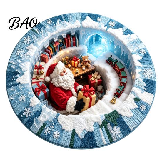 Living Room Xmas Rug 3D Optical Illusion Round Christmas Rug, Cute Santa Claus Crystal Velvet Floor Mat, Non Slip Decor Vivid Printed Circular Carpet