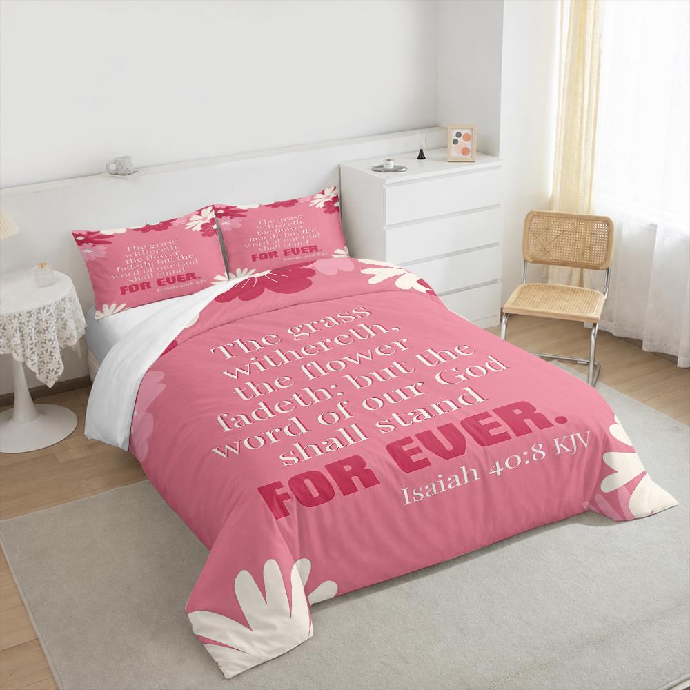 Pink Retro Floral Bible Verse Bedding set (1 duvet cover, 2 pillowcases, duvet not included), Isaiah 40:8 Scripture Art Print
