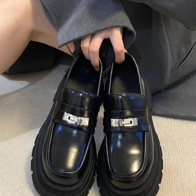 Women s Retro Thick-Soled Loafers - Height-Boosting Round Toe Chunky Heel Slip-On Leather Shoes 39 чёрный