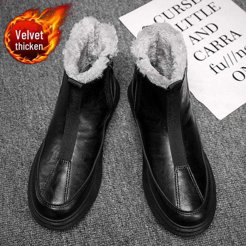 Men's 2024 Winter Waterproof Leather Zipper Snow Boots with Warm Velvet Lining.