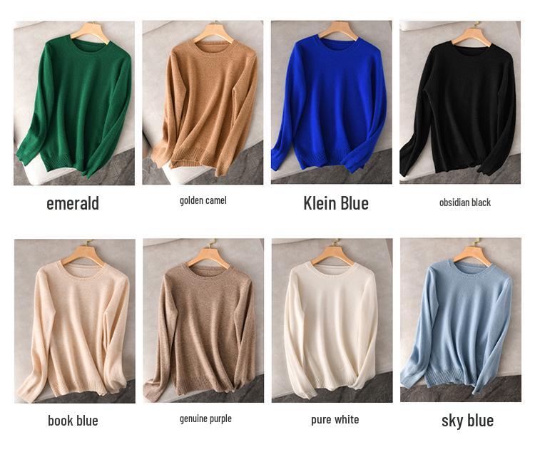 Dámský 100% vlněný pletený svetr s kulatým výstřihem a dlouhým rukávem – Jednobarevný pro podzim a zimu