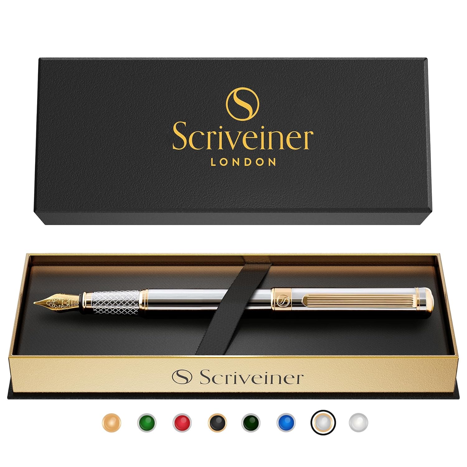 Scriveiner Fountain Pen Silver Chrome Genuine Gold Plating Schmidt Nib Medium Point