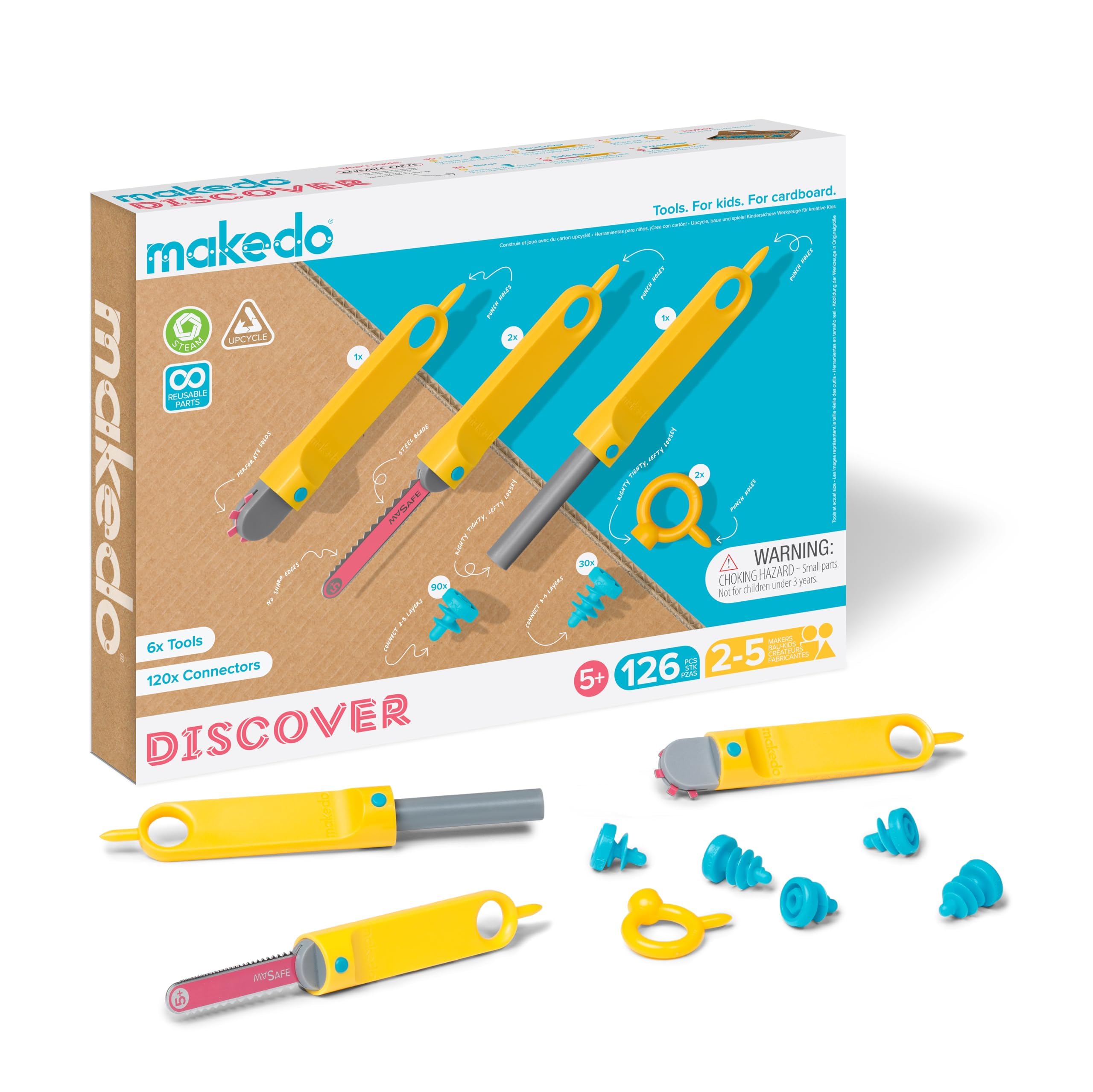 Набор Makedo Discover Toolbox Картонные строительные инструменты для возраста от 5 лет Набор из 126 инструментов в среднем ящике Универсальный набор для строительства лабиринтов Идеально