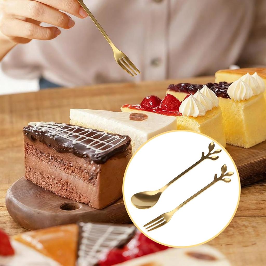 20 Pcs Gold Leaf Coffee Spoons and Forks Set, 4.7" Elegant Stainless Steel Mini Dessert Spoons and Forks for Stirring Mixing Tea, Espresso, Ice