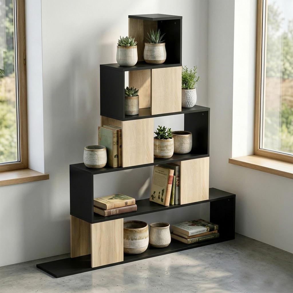 Storage Shelf, Geometric 5-Tier Bookcase, Black and Natural Wood