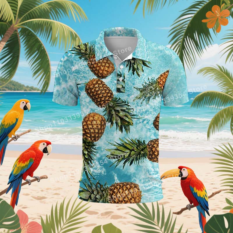 Maglietta Polo da Spiaggia Hawaiana con Palme per Uomo Estate Stampa 3D Foglie Manica Corta Polo da Golf Casual Street T-shirt Top