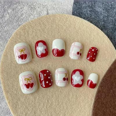 24 Pièces Mignon Nail Art Portant Nail Art Faux Ongles pour Enfants Tablettes pour Ongles Tablettes pour Ongles Pois Rouges Patchs Nail Art Fraise 24 Tablettes