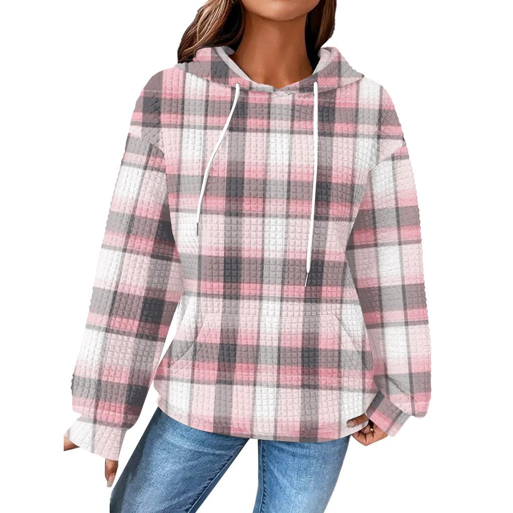 Damenmode Lockerer Kapuzenpullover Langarm Kariertes Sweatshirt mit Kordelzug Überschnittene Schultern und Tasche Print Top