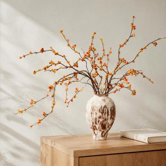 Realistic Imitation Berry Branches Long Artificial Bittersweet Branches, Fall Stems for Vase, Faux Plants Decorative Gold Green Leaves Thanksgiving