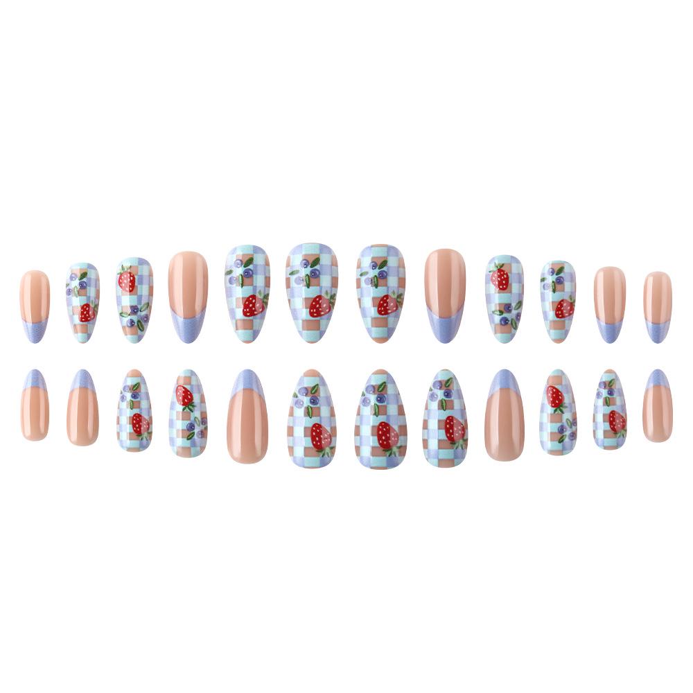 Blueberry & Strawberry French Manicure: 24-Piece Detachable Water Drop False Nails for Spring & Summer