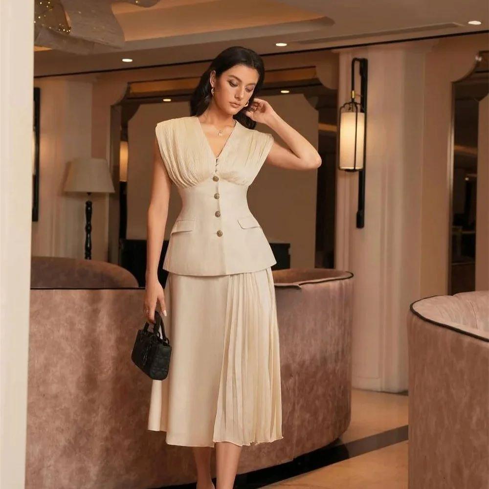 

Выпускные платья из джерси, плиссированные на пуговицах, А-силуэта, V-образного выреза, миди-платье, вечернее платье, высококачественные классические вечерние платья для женщин 5XL