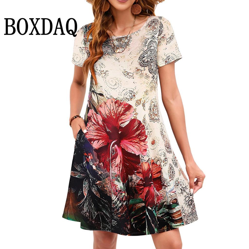 Summer O-Neck Short Sleeve Casual Loose Mini Dress