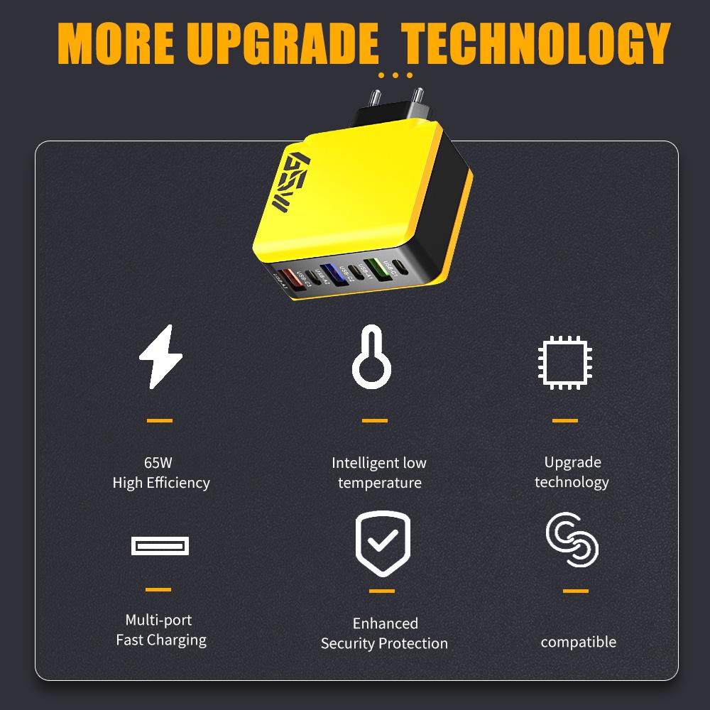 65W Multi-port Charger: 3 PD + 3 USB Ports, Compatible with US/EU/UK Standards, C Port Adapter