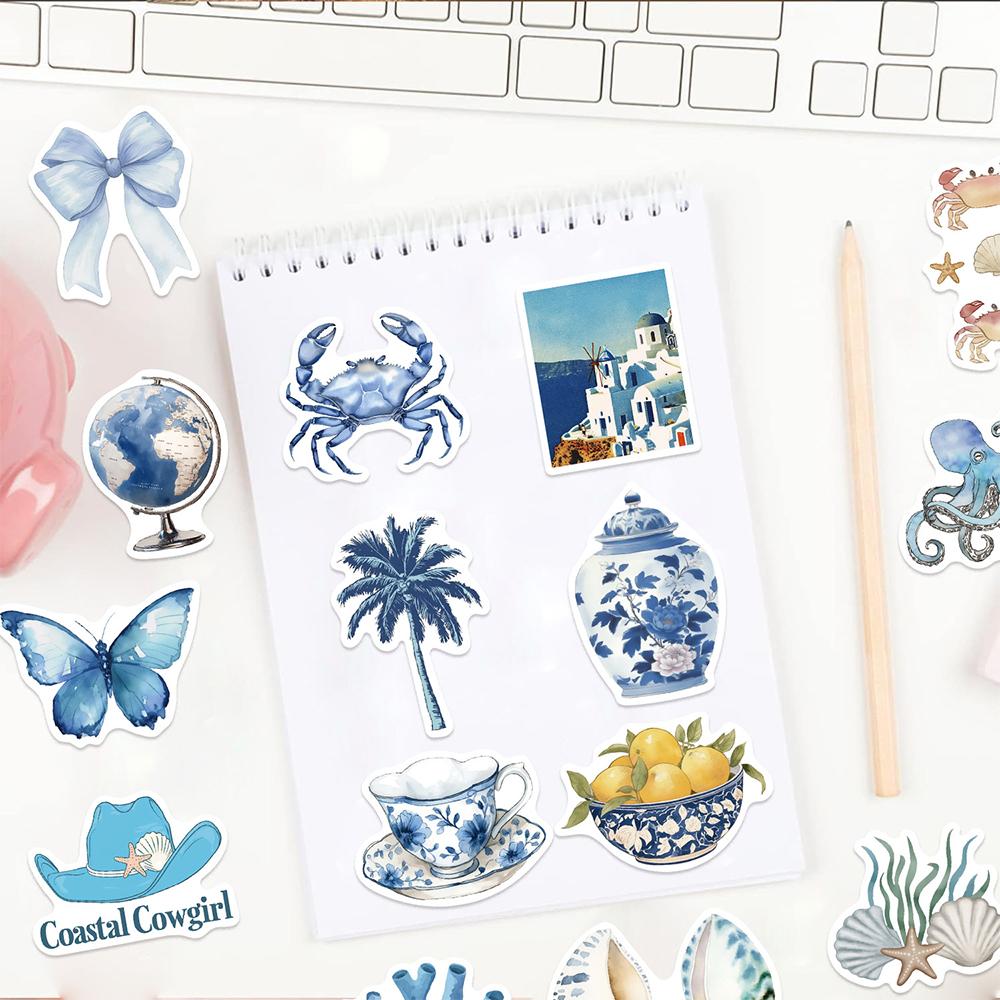 10/30/50/100pcs Blue Mediterranean Art Graffiti Stickers Vintage INS Aesthetic Decals DIY Stationery Phone Waterproof Sticker
