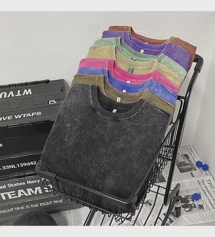 T-shirt pour homme en coton lourd délavé et vieilli, ample style Hong Kong, manches courtes cinq points, marque tendance d'été.