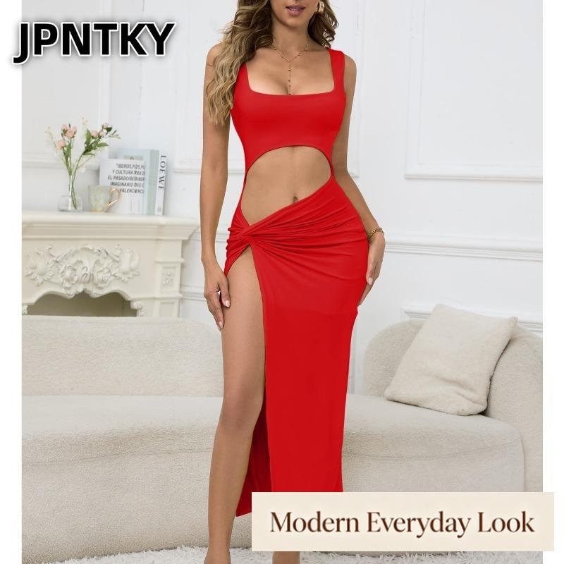 JPNTKY Women's Fashion Summer Spring Solid Color Print U-Neck Sleeveless Casual Dresses