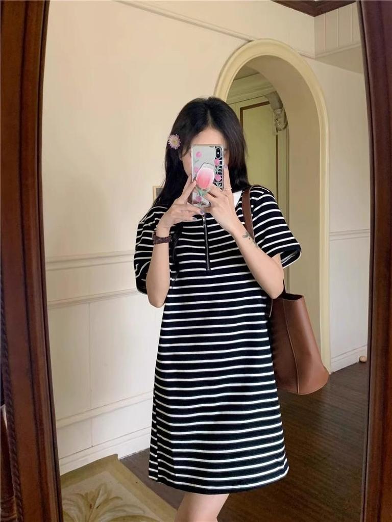 Summer 2025 Korean Sweet Sporty Striped Polo Collar Dress - Women's Short Sleeve Slimming Style