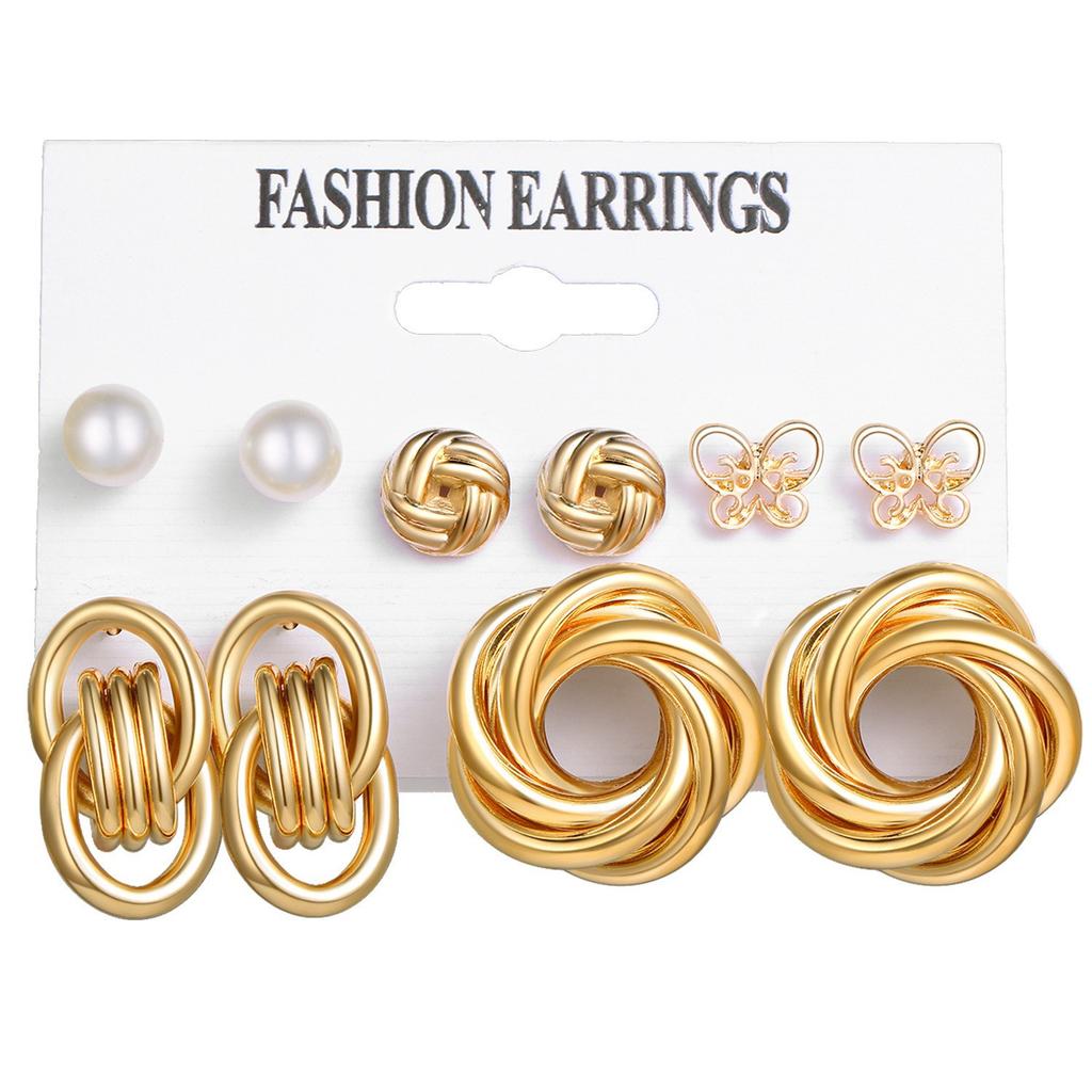 European and American metal earrings square geometric earrings retro pearl earrings ins wind earrings set