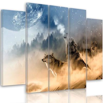 Five Piece Picture Canvas Print Wolves Misty Forest Nature