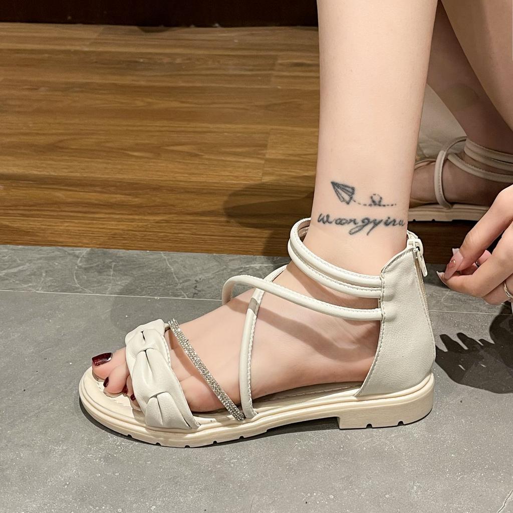 Diamond Ladies Shoes Strappy Black Flat Rubber Women's Sandals Roman Style Low Price Korea 2025 Luxury Sandal Summer Comfortable