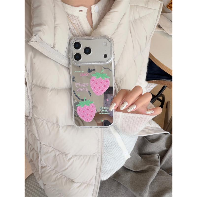 New 2026 Mirror Surface Pink Polka Dot Strawberry Phone Case For iPhone 17 Pro 16 15 14 17 Pro Max Shockproof Cover Girl