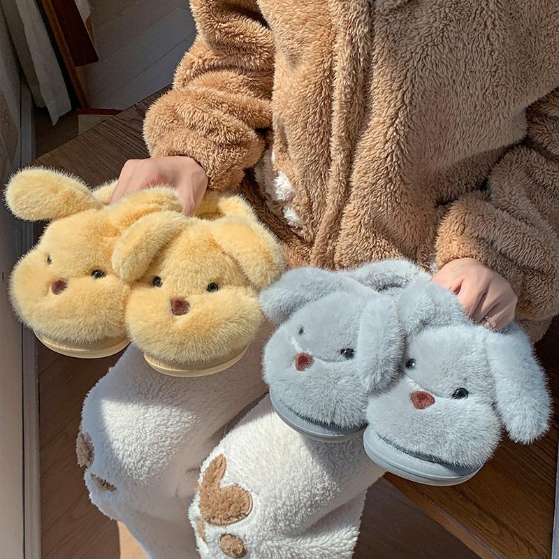 Fashion Cartoon Puppy Furry Cute Indoor Slippers Women 2025 Winter Fluffy Fur Non Slip Children's Home Slippers Warm Thick Plush Slides