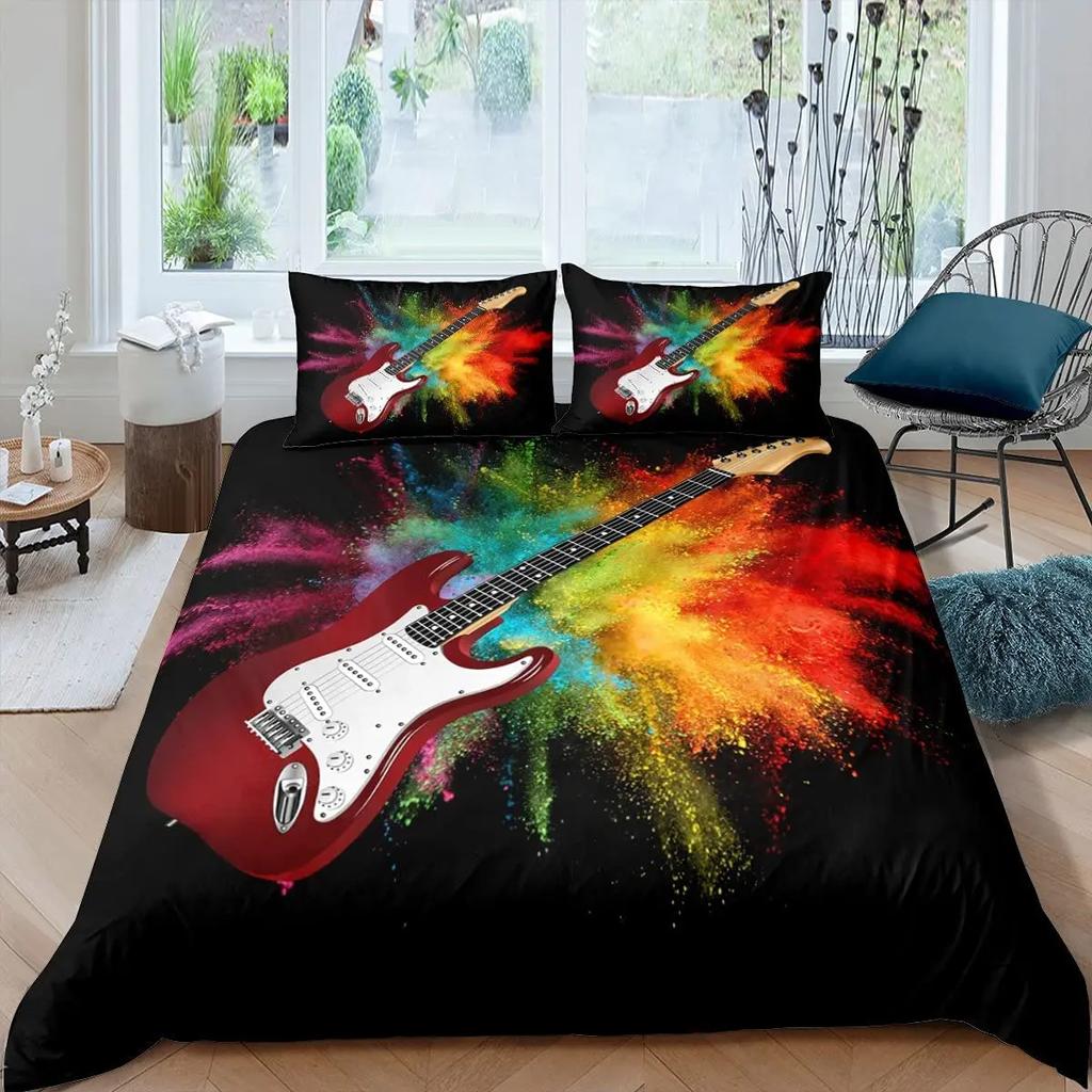 Guitar Duvet Cover Set King Queen Full Size Watercolour Style Polyester Comforter Cover for Kids Boys Girls Teens Bedding Set