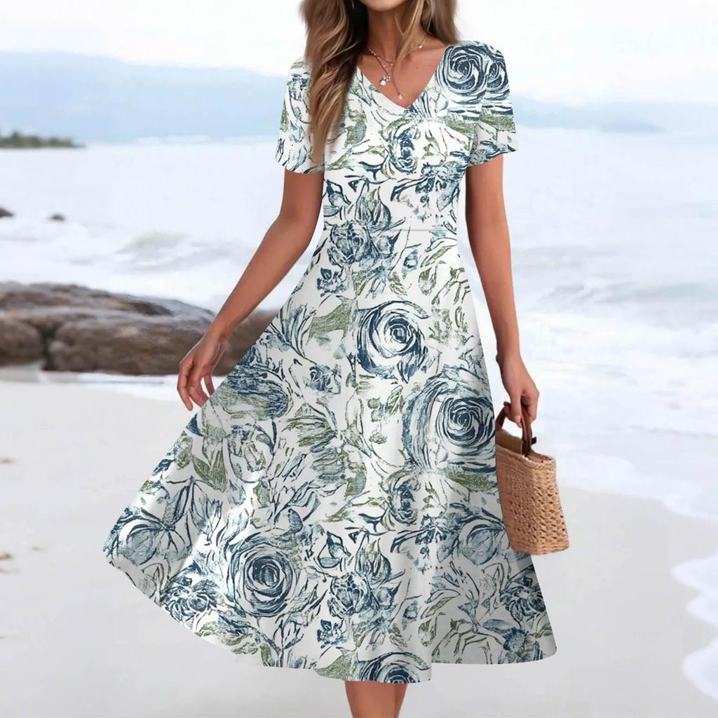 Women's Summer Casual Fashion Print Pocket Short Sleeve V-Neck Swing Dress