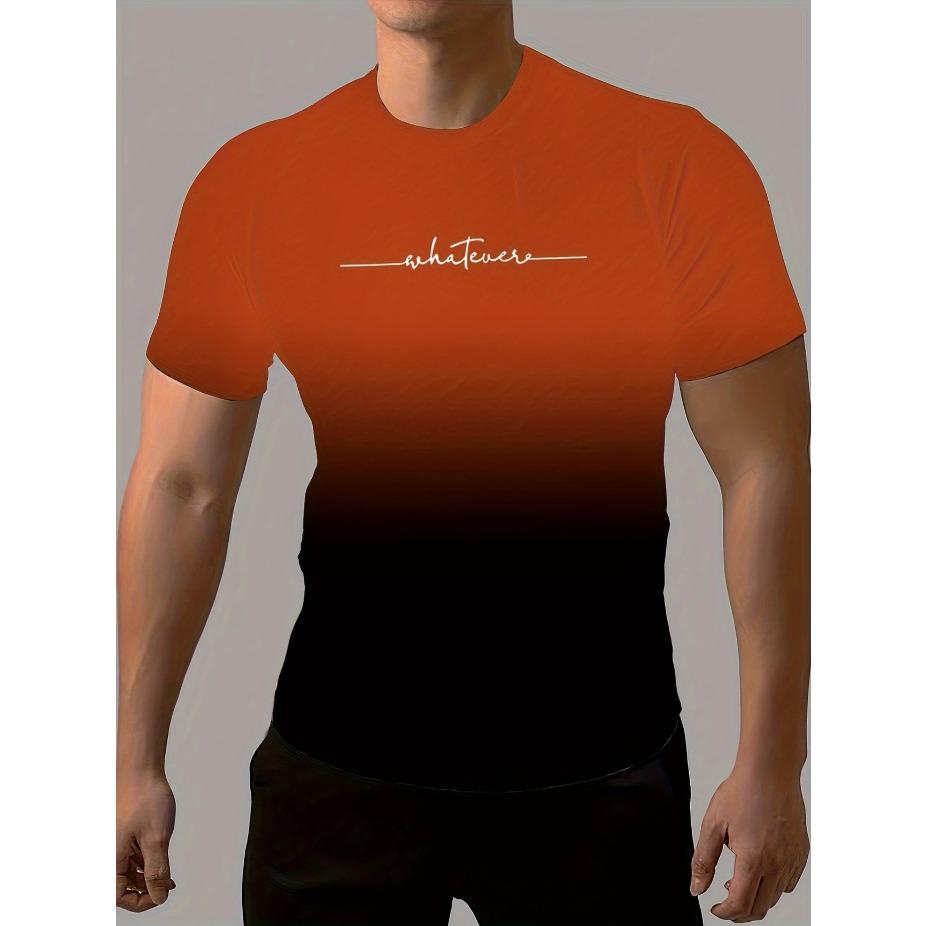 Summer Men's Gradient Color Casual Stretch Sports T-shirt, Round Neck Tee Shirt For Fashion