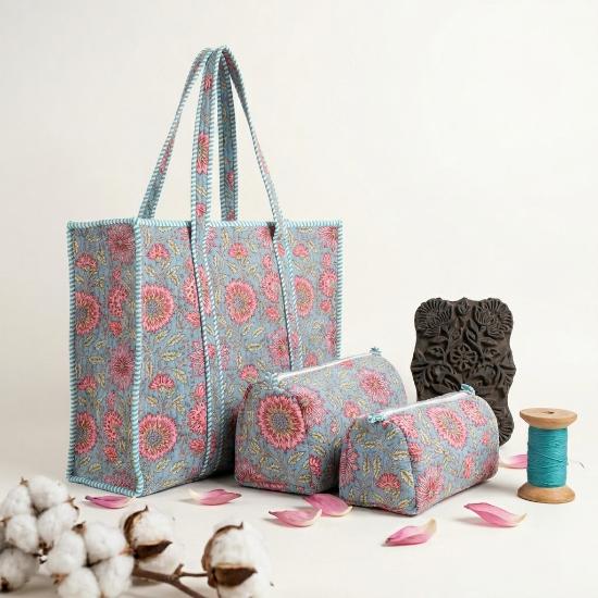 Women Bag Set Usalover925 Blue Quilted Cotton Floral Print Women Bag Set 01