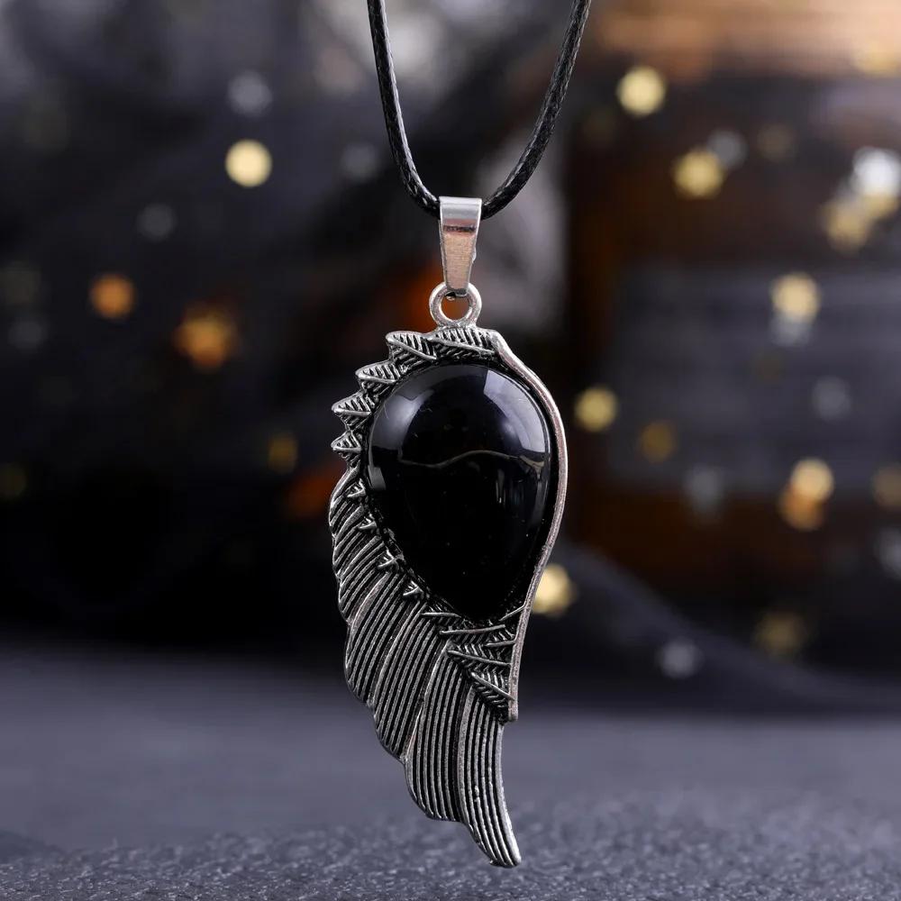 Natural Crystal Necklace Angel Single Winged Pendant Natural Gem Necklaces Jewelry Healing Stone Necklaces for Women Angel Wings