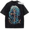 Unisex Black Washed Vintage T Shirt Nautical Blue Dragon Anchor Retro Style High Quality Fabric for Casual Shopping