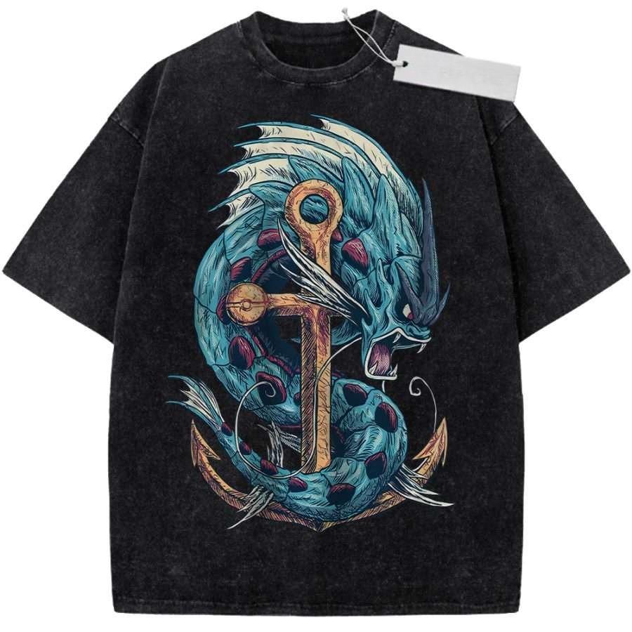 Unisex Black Washed Vintage T Shirt Nautical Blue Dragon Anchor Retro Style High Quality Fabric for Casual Shopping
