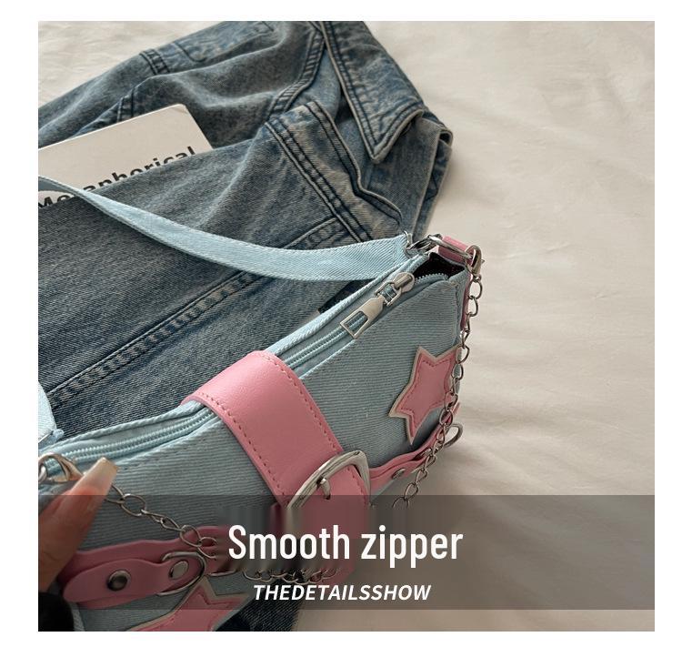 Modna jeansowa torebka na ramię z łańcuszkiem i nitami w kształcie gwiazdy dla kobiet - Jesień 2025